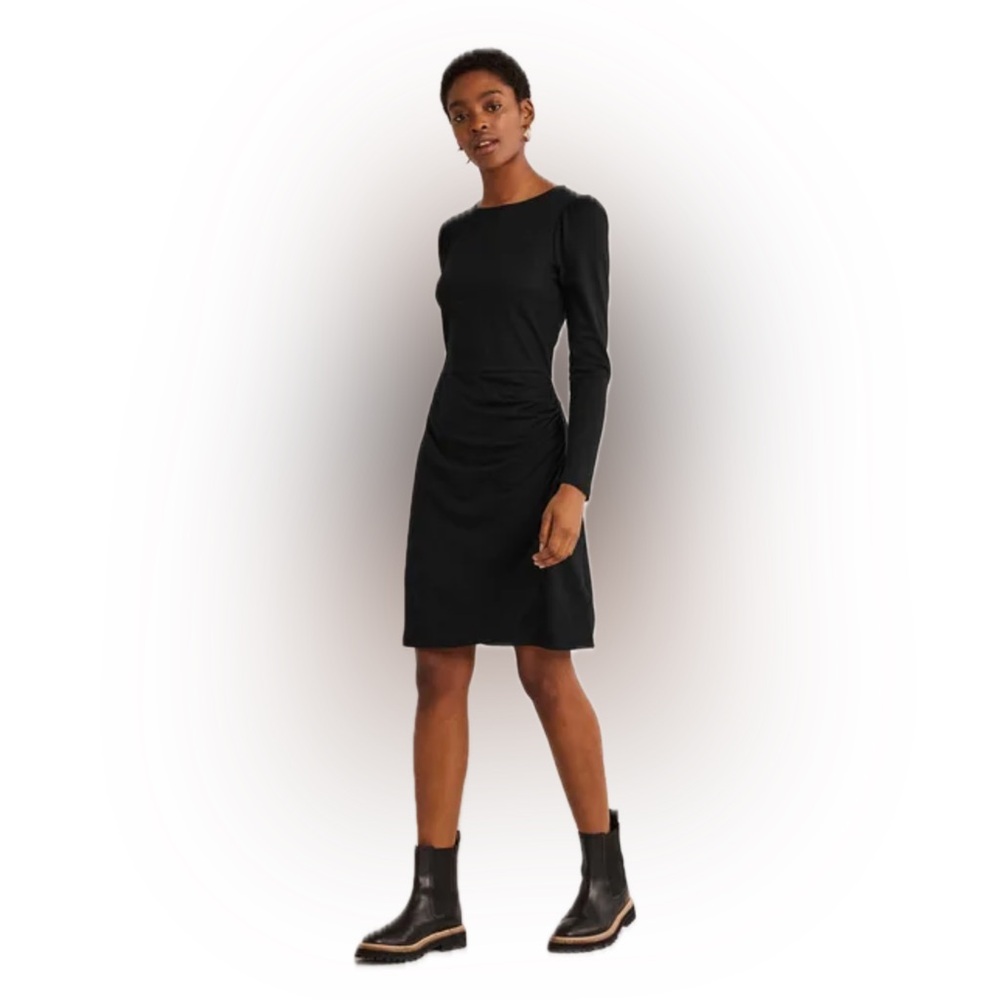 NWT Boden Black Solid Ruched Jersey Knit Crew Neck Long Sleeve Mini Dress 6